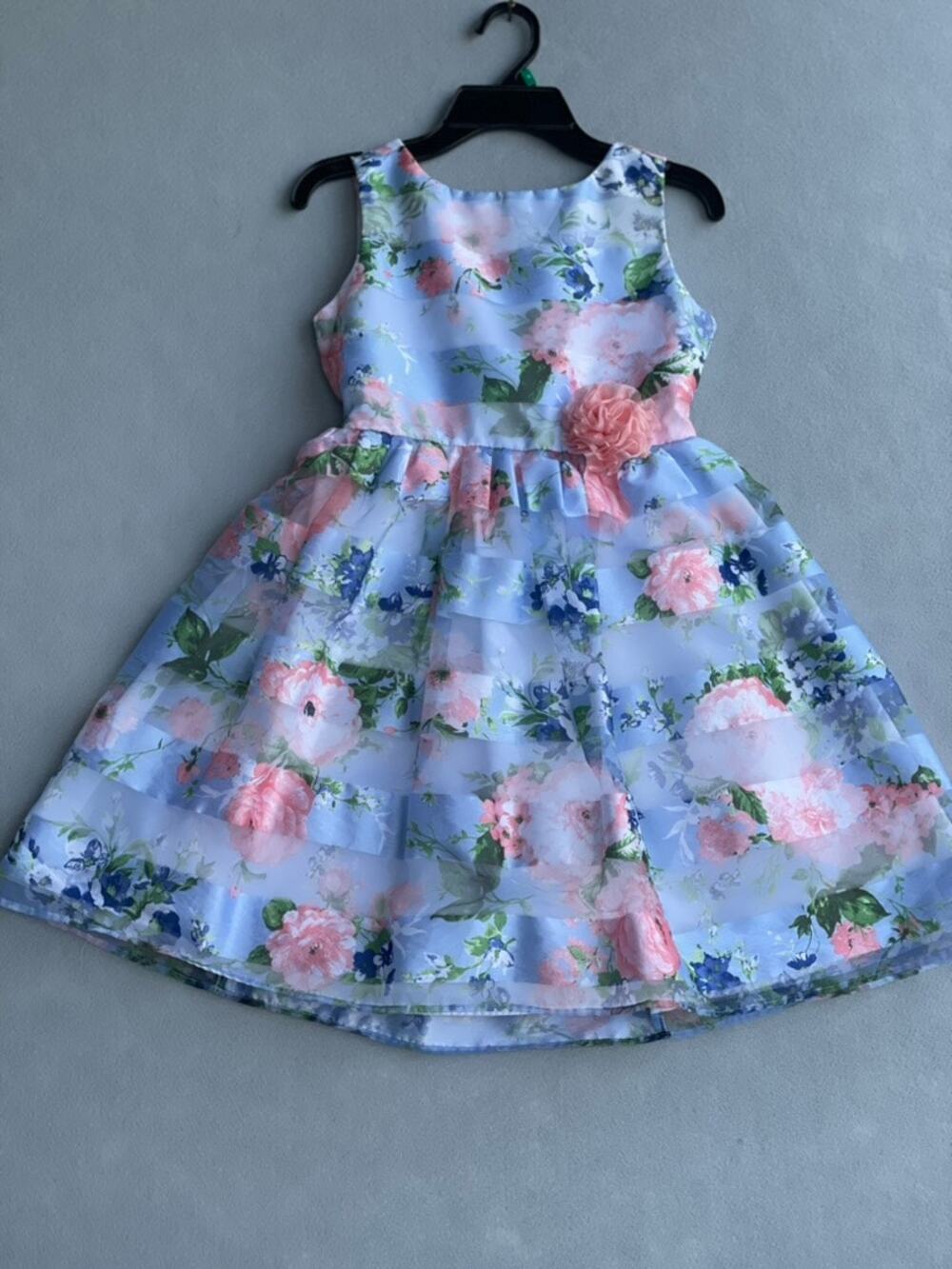 JONA MICHELLE BLUE AND PINK FLORAL SHADOW STRIPE ORGANZA PARTY DRESS - SIZE 8